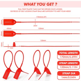 Nuanchu 100 Pcs Plastic Tamper Seals Numbered Zip Ties Fire Extinguisher Tags Disposable Self-Locking Tie, 170 mm Length(Red)