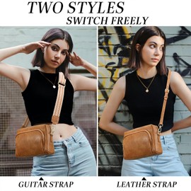 Small Crossbody Purses for Women, Vegan Leather Travel Crossbody Bags, Shoulder Handbags with Guitar Strap and Leather Strap Brown
