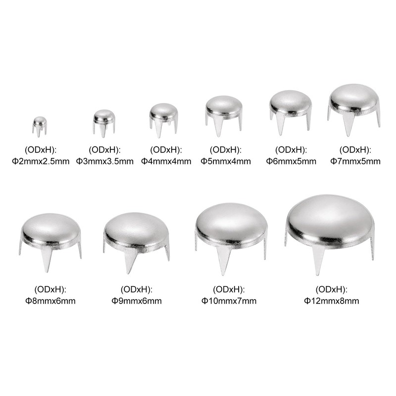 sourcing map 100Pcs Silver Round Dome Rivets, 10 Sizes Brass