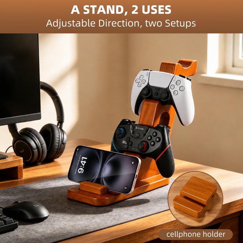 Solid Wood Headphone Stand with Dual Controller Holder