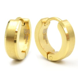 Pair Stainless Steel Brush Gold Color Hoop Slant Edge Men Earrings 4mm