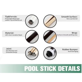 JEPNJPU Professional Hardwood Pool Queue Stick 58" Billiard Cue Sticks with 13mm Tip,2-Piece,Set of 2