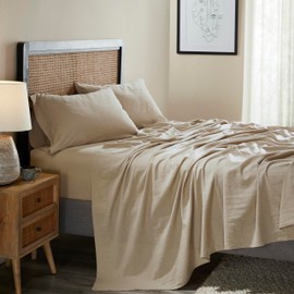 Superior Cotton Linen Blend Sheet Set, Bedsheets for Home Decor, Modern Solid Bedding Includes 1 Oversized Fitted Sheet, 1 Flat Sheet, 2 Pillowcases, Bedroom Essentials, King Size, Tan