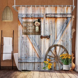Jipusai 84 inch Extra Large Retro Barn Door Shower Curtain, Western Farmhouse Countryside Wooden Cabin Bath Curtain Sets for Bathroom,Fabric Vintage Yellow Flowers Decor Curtains with Hooks 72X84IN