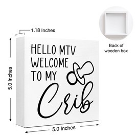 WUZYOU Baby Room Sign, Hello MTV Welcome To My Crib Wooden Box Sign 5x5x1 INCH, Nursery Wall Plaque, Funny Parenting Decor, Retro Shelf Display for Newborn