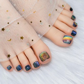 Square Press on Toenails Glossy Gel Fake Toenails Glitter with Black Glitter Design False Toenails Full Cover Acrylic Toenails Summer Stick on Toenails for Women Manicure Decorations 24pcs