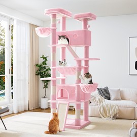 Allewie 81 Inches Tall Cat Tree/Multi-Level Large Climbing Tree House and Towers for Big Feline/Condo and Hammock/Scratching Post/Wide Base/Pink