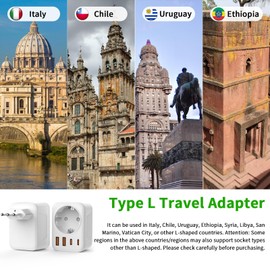 Adapter Italy Socket, 5 in 1 Travel Adapter Italy, Type L Plug Adapter with 1 AC & 2 USB-C & 2 USB-A (3.4A), 3-Pin Travel Plug Italy for Italy, Chile, Uruguay, Ethiopia, Eritrea (White)
