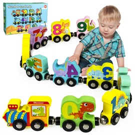 XWGKLN Wooden Dinosaur Train Set, 11PCS Magnetic Number Train Toy, Montessori Toys for Toddlers, Preschool Learning Educational Toy for 2 3 4 5 Years Old kids, Birthday Gift for Boys, Girls