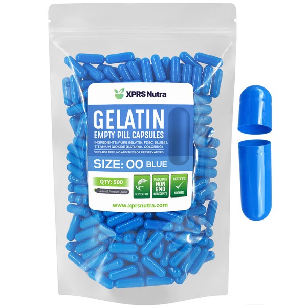 Cápsulas Express - Cápsulas de gelatina vacías azules - Certificado Kosher - Cápsula de gelatina bovino pura sin gluten - Relleno en polvo, Azul claro, 00