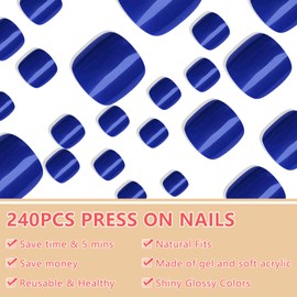 EternalClassic Press on Toenails, 240pcs Royal Blue Toe Nails Press ons Short Square Glossy Acrylic Fake Toenails for Women