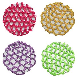 Crochet Bun Cover Hair Net With 30 Rhinestones 4 Pcs Color Pack (Red-Ylw-Pup-Grn)