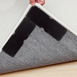 8pcs Rug Carpet Non Slip Grippers for Area Rugs, Reusable Washable Double Sided Carpet Tape Pads Adhesive Stickers Keep Corners Flat Prevent Curling for Hardwood Floors and Tiles, Black