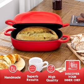 PROCHOP Dutch Oven for Bread Baking 9x6 Inch - 2.5QT Bread Pans for Homemade Bread Cast Iron Bread Pan Dutch Oven Loaf Pan with Lid and Loop Handles for Homemade Breadmaking, Red