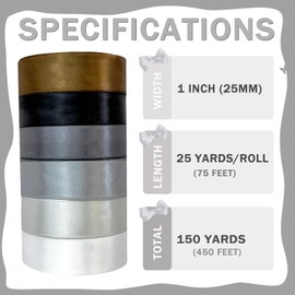 PURREITTI 150 Yards Black Satin Ribbon 1 Inch 6 Rolls Assortment Ribbons for Crafts Gift Wrapping Flower Bouquet Wedding Invitations Birthday Party Festival Decoration Hair Bows