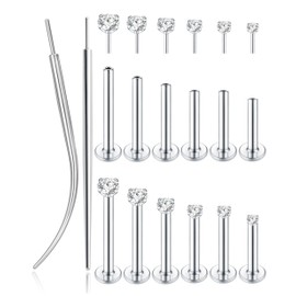 Tornito 6 Pairs 18K Gold Plated Push in Nose Studs for Women Men 316L Stainless Steel Threadless Lip Rings CZ Flat Back Stud Earrings Nostril Labret Cartilage Earrings 6/7/7/8/10/12mm 16G Silver