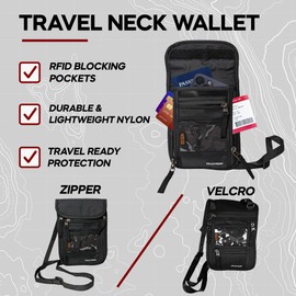 Travel Neck Wallet Passport Holder with RFID Blocking – Lightweight Pouch, Secure Organizer with 3 Zipper Pockets, ID Window, Adjustable Strap, Breathable Mesh Back – 8"x6" (Zipper Pocket Neck Wallet)