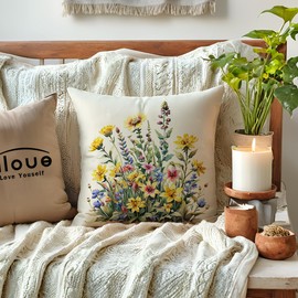 ULOVE LOVE YOURSELF Watercolor Wildflowers Throw Pillow Covers 18 x 18 Inch Flower Holiday Cushion Case Rustic Farmhouse Spring Summer Decoration 2Pack for Sofa Couch Patio Porch (Yellow)