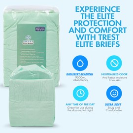 TREST Elite Briefs for Men and Women, Overnight Diapers for Incontinence, Elite Absorbency, Comfortable, Odor Neutralizing and Secure Fit with 2 Wide Tabs - Green, Medium (Pack of 2)