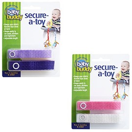 Baby Buddy Secure-A-Toy, Safety Strap Secures Toys, Teether, Pacifiers to Strollers, Highchairs, Car Seats, Keep Toys Sanitary, Adjustable, Registry Must Haves, Pink-Purple-Light Pink-White, 4 Count
