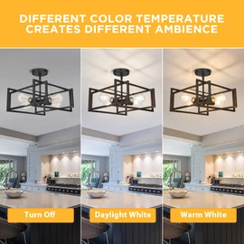 FadimiKoo Industrial 4-Light Semi Flush Mount Kitchen Ceiling Light Fixture, Farmhouse Metal Black Close to Ceiling Lighting Fixtures, Modern Rectangle Frame Ceiling Lamp for Island Bedroom Hallway
