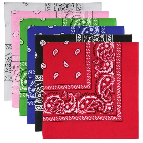 MOWPOG 6 Pack Pure Cotton Bandana, Multi-Purpose Square Handkerchief, Face