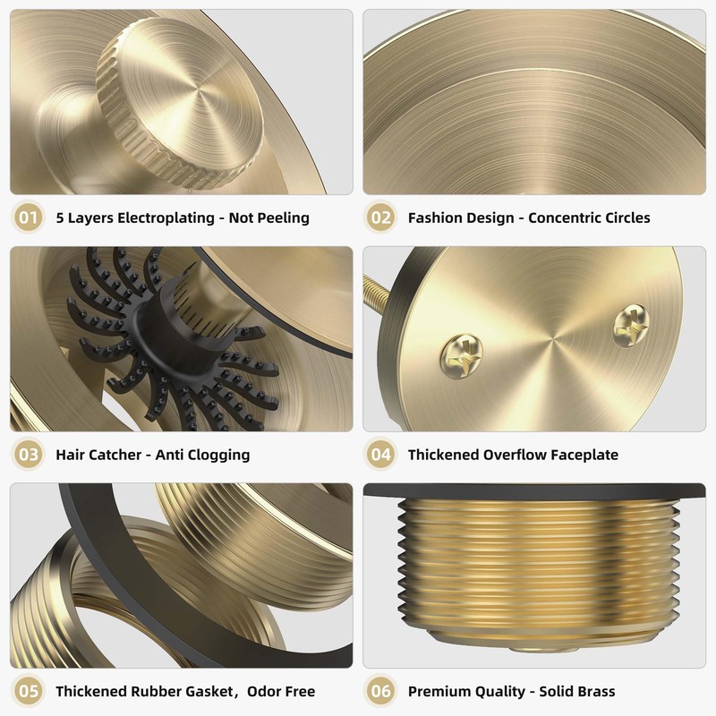 Champagne Brushed Gold Bronze Bathtub Drain, Hair Catcher and 2-Hole
