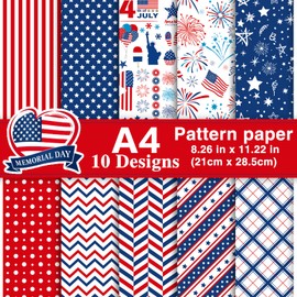 Morcheiong 45 Sheets 4th of July Pattern Paper Set A4 Size Decorative Paper Double-Sided Craft Origami Paper for Independence Day Scrapbooking Card Making Crafting, 10 Designs