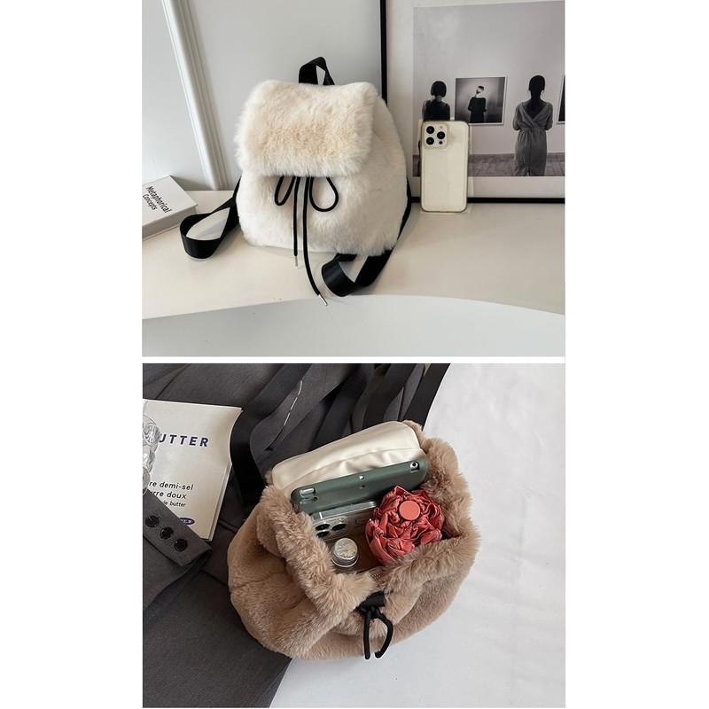 Ulisty Women's Small Faux Fur Rabbit Fur Backpack Furry Drawstring