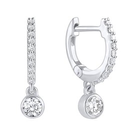 18K Gold Vermeil Drop Hoop Earrings, Cubic Zirconia Crystal Dangle, Small Huggie Design, Women's Jewellery (Silver)