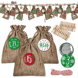Papierdrachen 24 Advent Calendar Fabric Bags for Filling â Classic Christmas Calendar â Fabric Bag for Decorating and Crafts â Gift Bag â Jute â Red/Green â Number 21