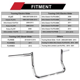 Ape Hanger Motorcycle Handlebars - Ohhmoto 1-1/4" 1.25 inch Bar for 1986-2023 Touring Street Glide FLHX & Electra Glide FLH Rise 12" Chrome