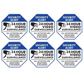 CCTV Video Surveillance Security Stickers, Blue and White Octagon-Shaped,84mm X 84mm Vinyl Decals - Indoor & Outdoor Use, UV Protected & Waterproof - 6 Labels