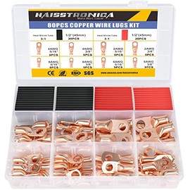 Haisstronica 80PCS Copper Wire Lugs with Heat Shrink Tube 3:1 Kit AWG 8 6 4 2,Heavy Duty Battery Cable End,Bare Copper Crimp Connectors