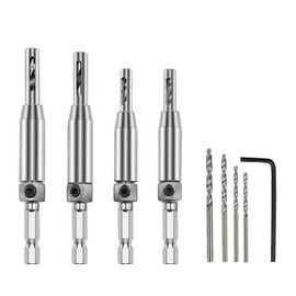 4 Pcs HSS Self Centering Hinge Drill Bits Set, 4 Pcs Drill Bit Set, 1 Hex Keys, Center Drill Bit Set for Wood Door Window Cabinet Drawer