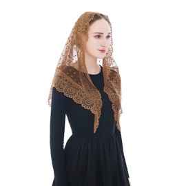 Wgior Triangle Vintage Inspired Lace Chapel Veils Catholic Mass Head Covering Scarf Mantilla Veils for Church (Brown)