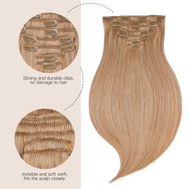 Clip in Hair Extensions Real Human Hair，Natural Human Hair Extensions，Caramel Blonde Hair Extensions for Women 18 Inch 7pcs/120g