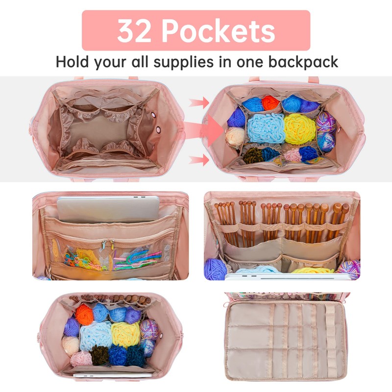 Leudes Knitting Bag Backpack, Yarn Storage Organizer Large Crochet Bag