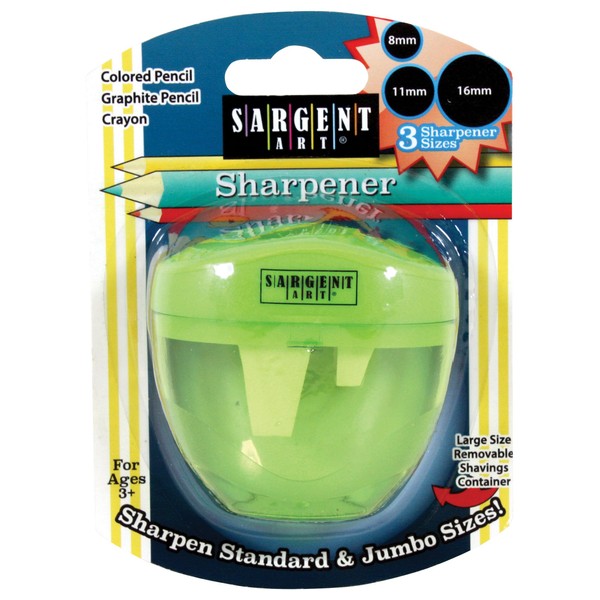 Sargent Art 3 Manual Hole Pencil Sharpeners - 3 Holes With Lid - Portable Colored Pencil Sharpener - Jumbo - Green - Easy Grip Oval Shape