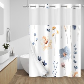 WITHLOC WITHLOC No Hook Shower Curtain with Snap in Liner - Watercolor Floral Shower Curtain - Fabric Waterproof Inner Liner, Plants Blue Beige Flowers Modern Cloth Shower Curtains Washable, 71 x 86