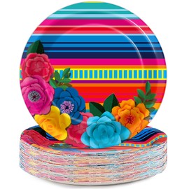 Naozinebi 50Pcs Mexican Fiesta Paper Plates 7" Stripes Mexico Patters Disposable Mexican Floral Stripes Tableware for Mayo Fiestas Dance Pinata Mexico Taco Colorful Ponchos Party Decoration Supplies
