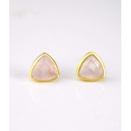 Pink Quartz triangle stud earrings, everyday earrings, Vermeil Gold bezel set studs, October Birthstone studs, Birthday gift, rose triangle post earrings