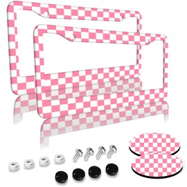 Pink Checkered License Plate Frames 2 Pack 2 Holes Aluminum License Plate Cover with 2 Pcs Car Coasters and Screw and Black Screw Caps for Girl Women Men Gifts