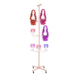 Wig Holder for 12-Head Wig Stand, Wig Holder Storage Organizer with Cross Base, Rolling Wig Hanger Display Rack on Wheels, Wigs Display Organizer Storage Rack (Pink)