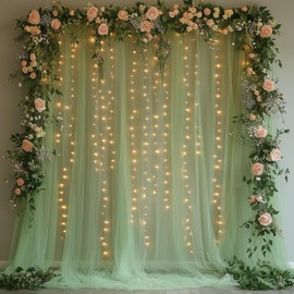 Patioman 10x10ft Green Tulle Backdrop Curtain with String Lights, Wrinkle-Free Sheer Wedding Backdrop for Birthday Parties, Baby Showers, Bridal Showers, Photo Shoots and Home Decorations, Green