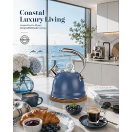 Harriet Tea Kettle Stovetop, 2.5 Quart Whistling Stainless Steel Tea Pot, 3-Layer Base, Unique Ergonomic Handle, Includes Pot Holder & Mat, Electric/Induction/Gas Stovetops Applicable, Blue