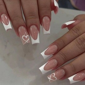 Press On Nails, Beauty Pattern Summer Cute Glue on Nails, Fake Nails, Short Square Almond Ballet Shape on 24PCs (Ballt White Love)