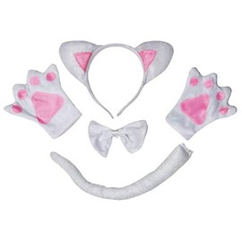 Petitebella Combined Animal Headband Bowtie Tail Gloves 4pc Costume 1-5y, Cat [White/Pink], One Size