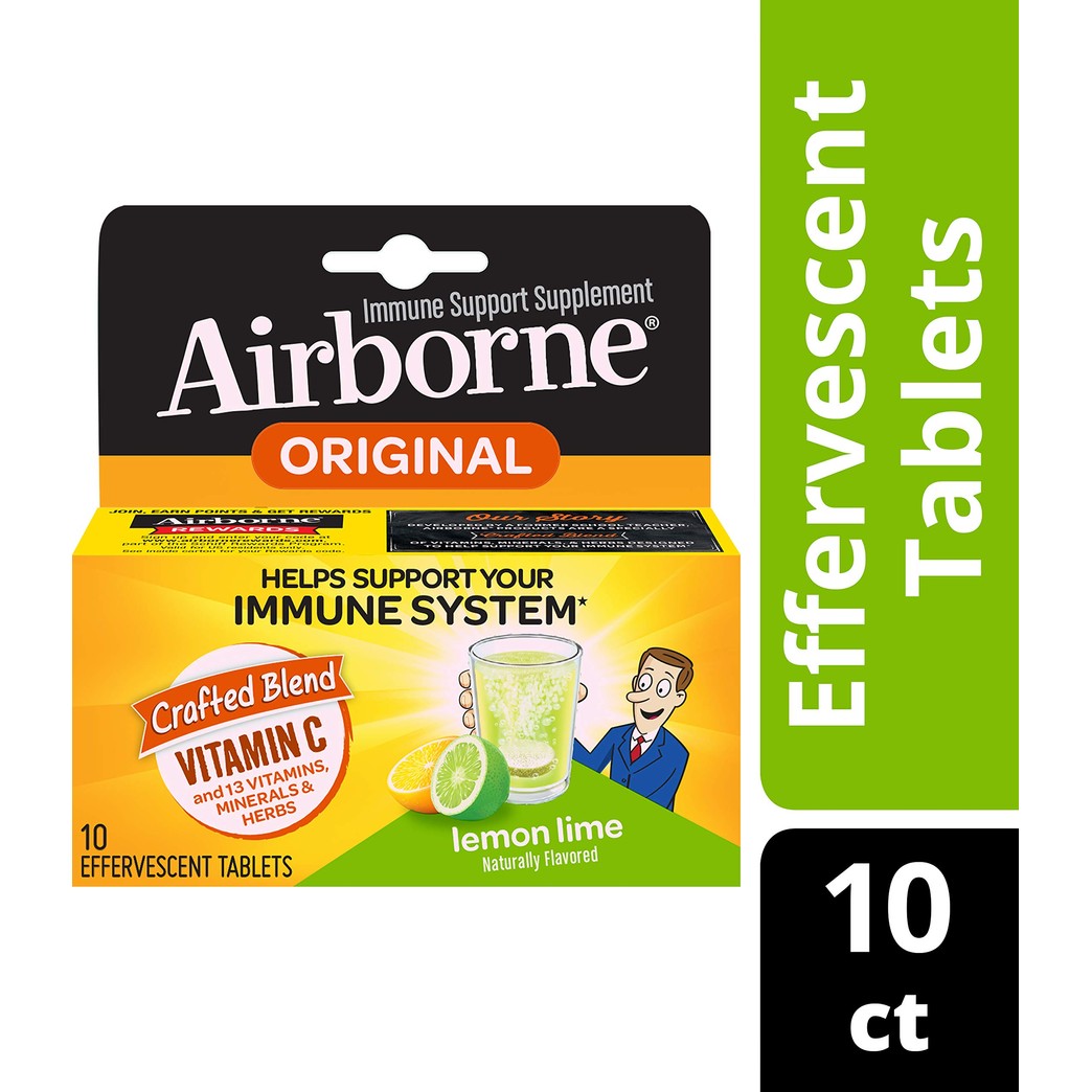 Airborne Lemon Lime Effervescent Tablets, 10 count - 1000mg of Vitamin C - Immune Support Supplement (Pack of 2)