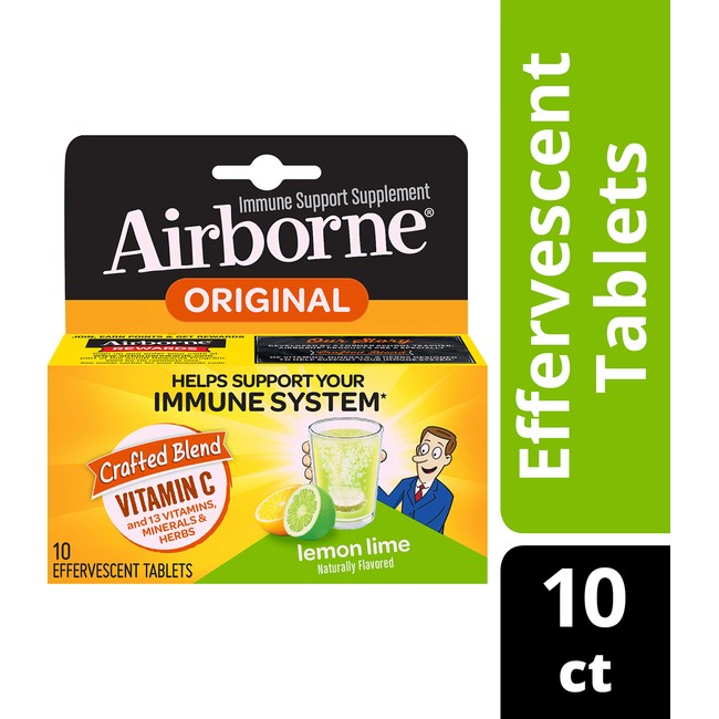 Airborne Lemon Lime Effervescent Tablets, 10 count - 1000mg of Vitamin C - Immune Support Supplement (Pack of 2)